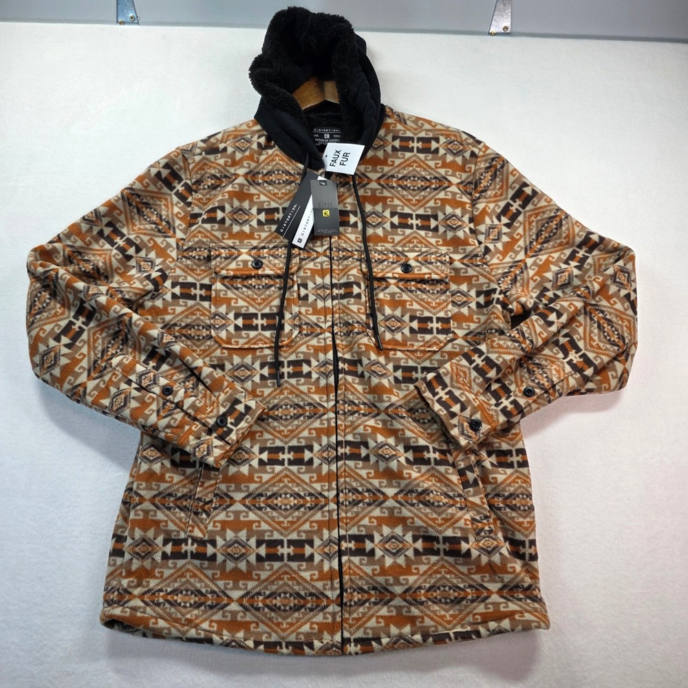 Distortion Men's XL Southwestern‎ Aztec Fleece Jacket Faux Fur Lined Hood Zip